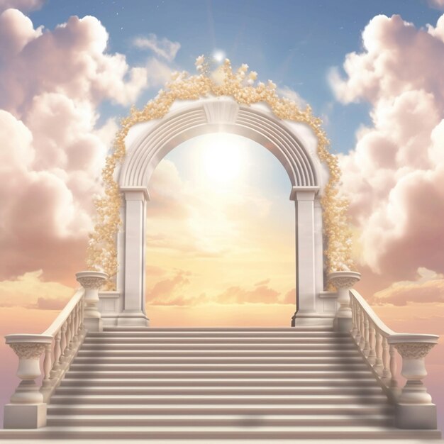 arafed stairway leading to a beautiful sky with clouds generative ai