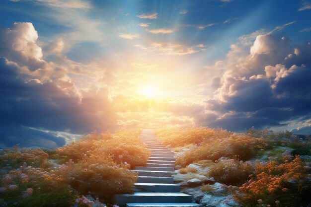 Photo arafed stairway leading to a beautiful sky with clouds generative ai