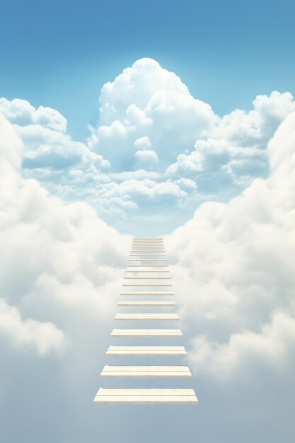 Photo arafed stairway leading to a bright blue sky with clouds ai generative