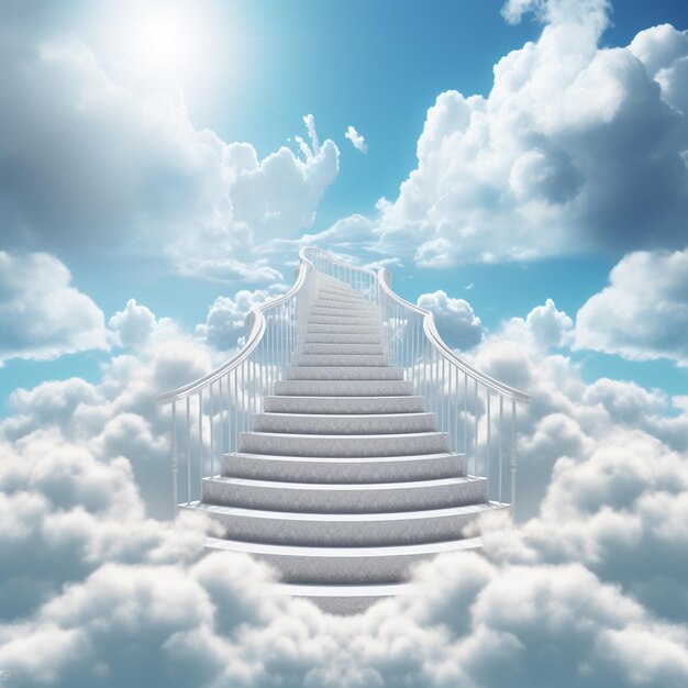 Photo arafed stairway leading to a bright blue sky with clouds generative ai