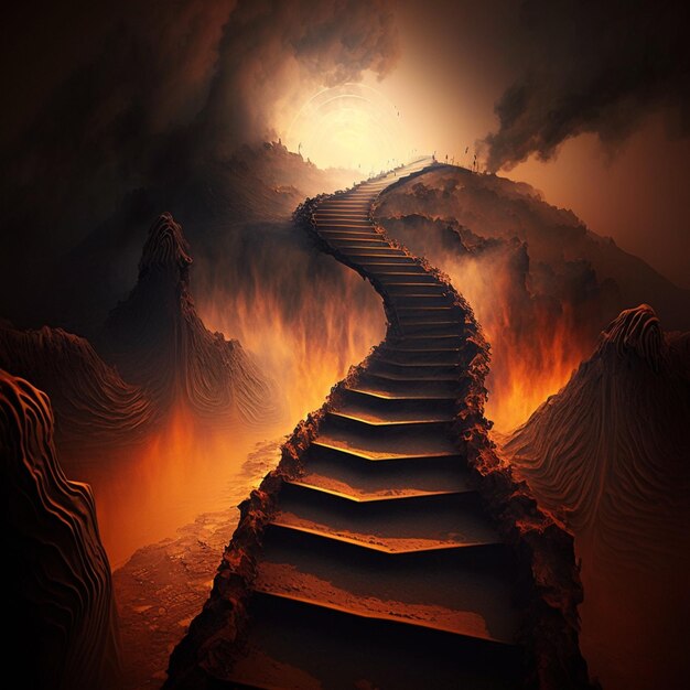 Arafed stairway leading to a bright light in a surreal landscape generative ai