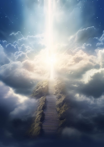 Arafed stairway leading to heaven with a bright light coming from the top generative ai