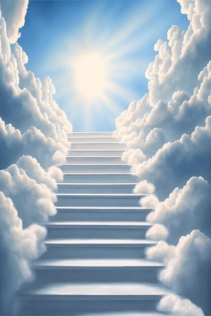 Лестница, ведущая к небу с облаками и солнцем