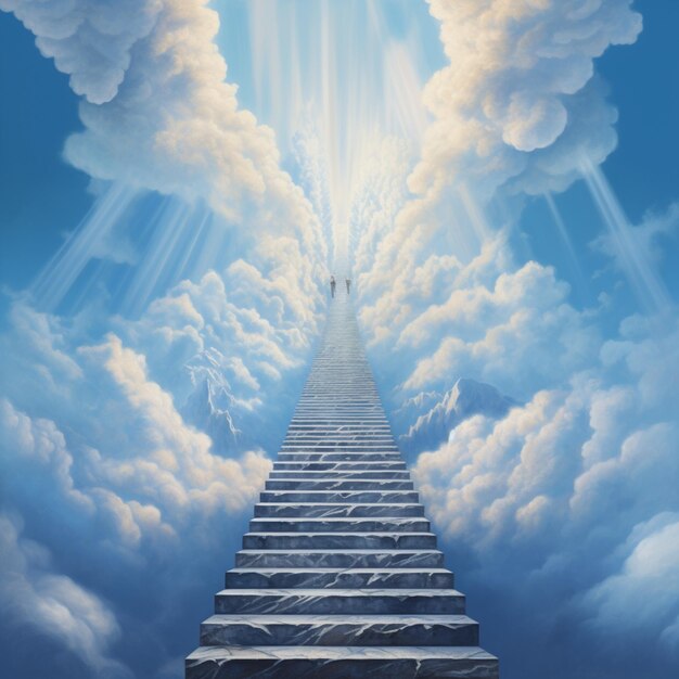 Photo arafed stairway leading to heaven with clouds and sunbeams generative ai