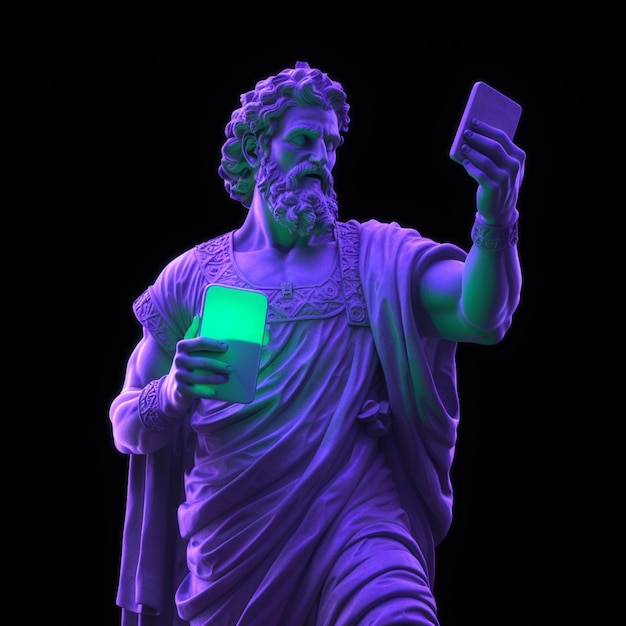 Arafed standbeeld van een man met een mobiele telefoon en een groen lichtgenerator ai