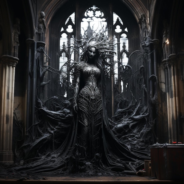arafed standbeeld van een vrouw in een gotische jurk in een kerk generatieve ai