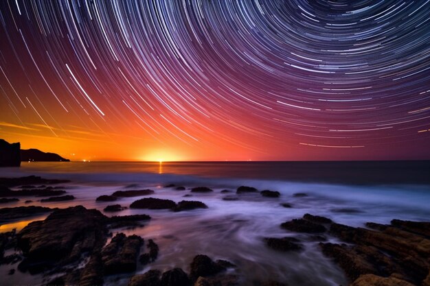 Arafed star trails over the ocean and rocks at sunset generative ai