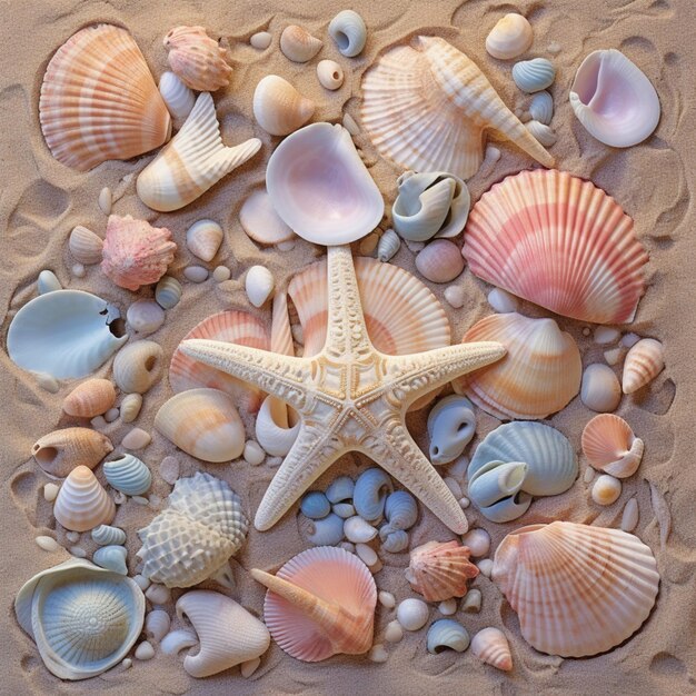 arafed starfish and shells on a sandy beach with pebbles generative ai