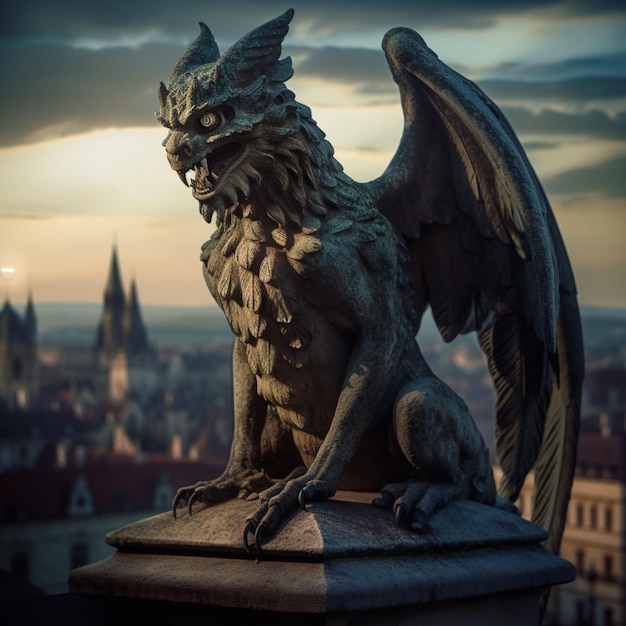 arafed statue of a gargoyle on a pedestal overlooking a city generative ai