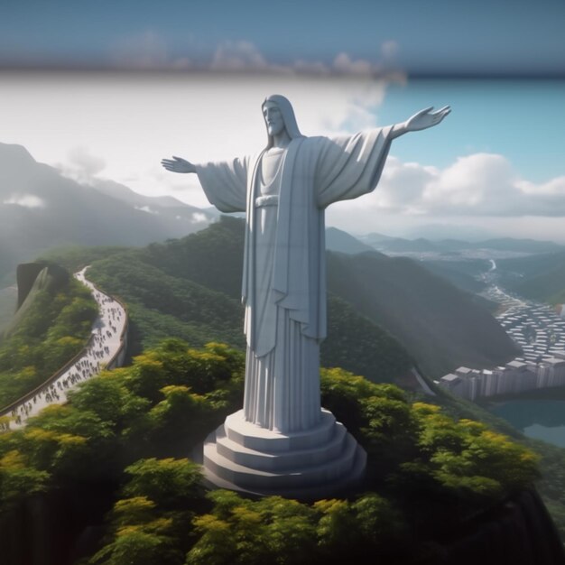 arafed statue of jesus on a hill overlooking a city generative ai