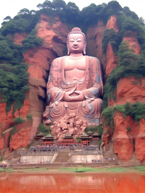 Фото Арафированная статуя будды, сидящей на скале.