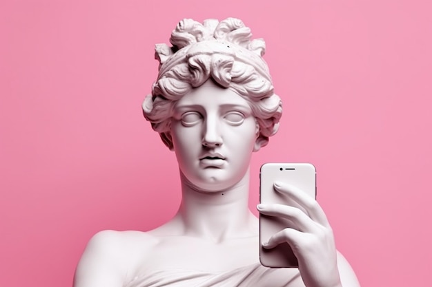 Arafed statue of a woman holding a cell phone in front of a pink background generative ai