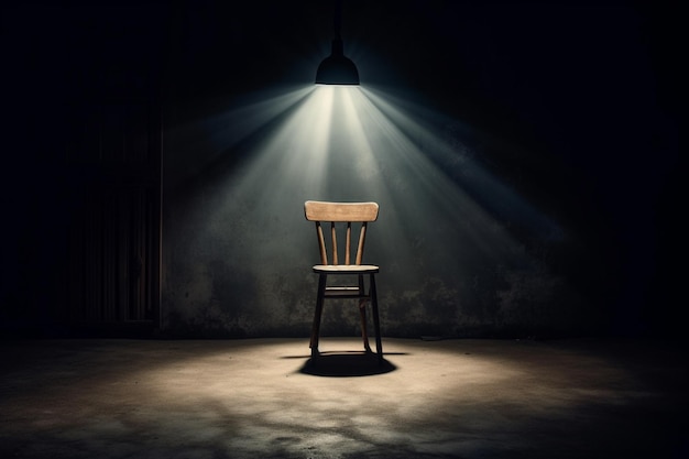 Arafed stoel in een donkere kamer met een licht schitterend van het plafond generatieve ai