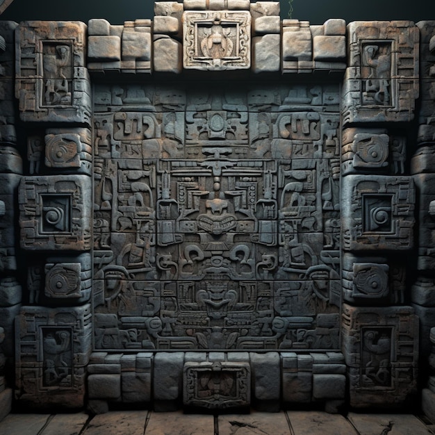 Arafed stone wall with a carved design in a room generative ai