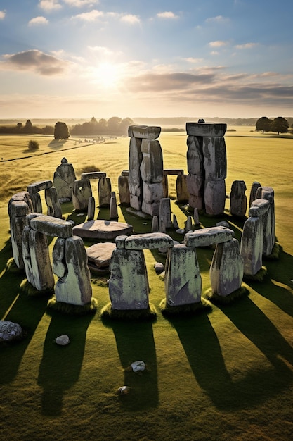 Arafed stonehenge in a field with a sun setting generative ai