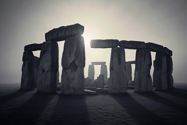 Photo arafed stonehenge in the fog with the sun shining through generative ai