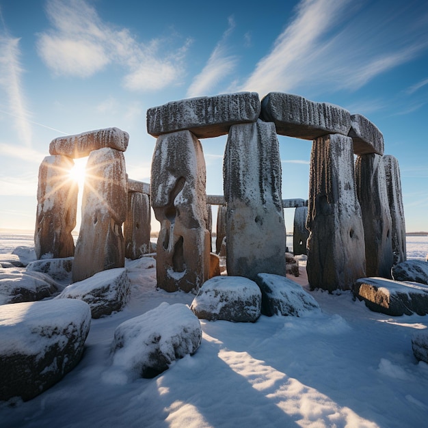 arafed stonehenge in the snow with the sun shining through the clouds generative ai