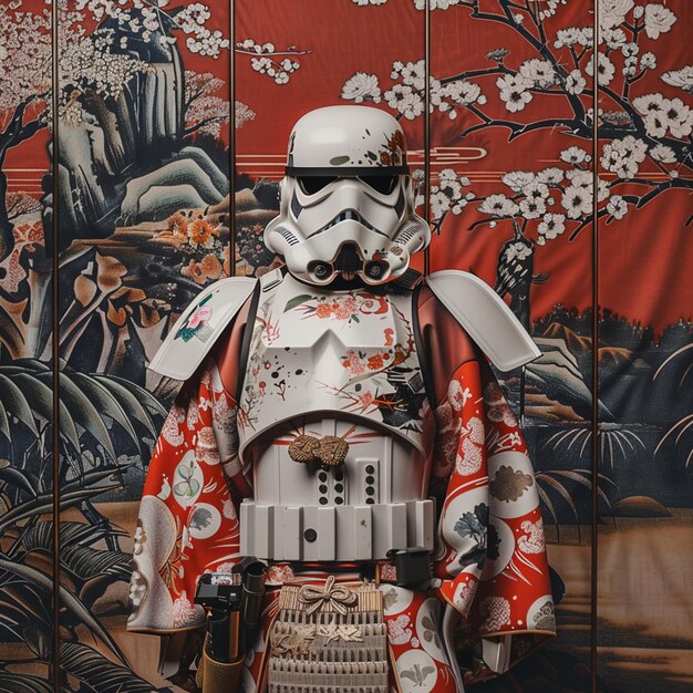 Photo arafed stormtrooper in a kimono suit standing in front of a wall generative ai