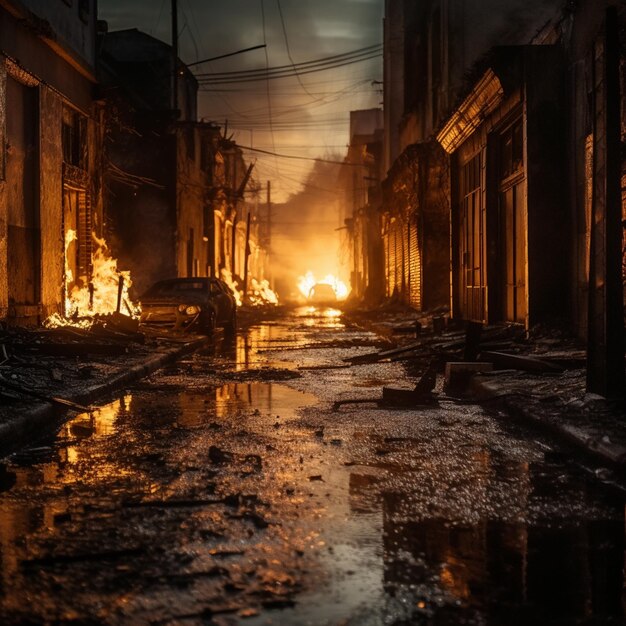 Arafed street with a fire in the middle of it and a car in the middle of the street generative ai