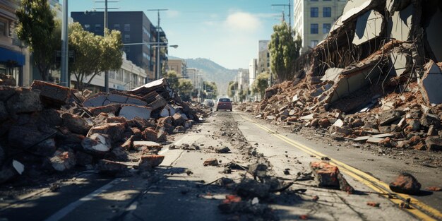 arafed street with a pile of rubble and a truck on the side generative ai