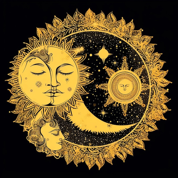 arafed sun and moon with faces in ornate gold frame generative ai