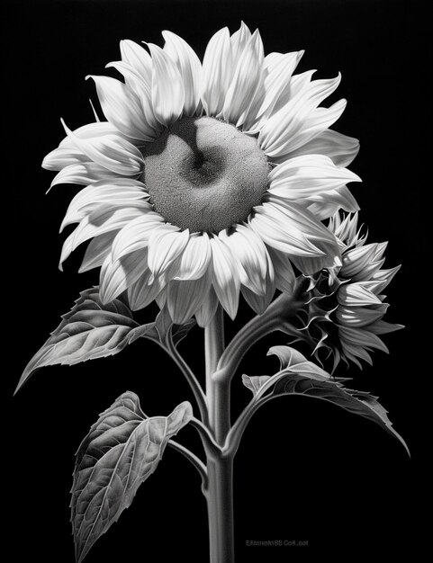 Arafed sunflower in black and white with a black background generative ai