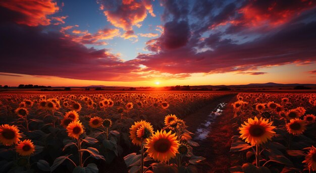 Arafed sunflowers in a field with a sunset in the background generative ai