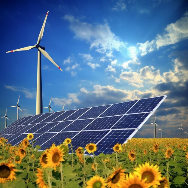 Arafed sunflowers and wind turbines in a field with a blue sky generative ai