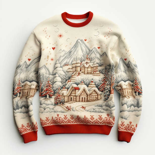 arafed sweater with a picture of a cabin in the snow generative ai