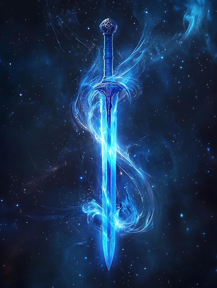 Photo arafed sword with blue smoke and stars in the background