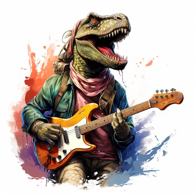 Arafed T. Rex speelt gitaar met een bandana om zijn nek.