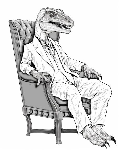 arafed t rex in a suit sitting in a chair generative ai