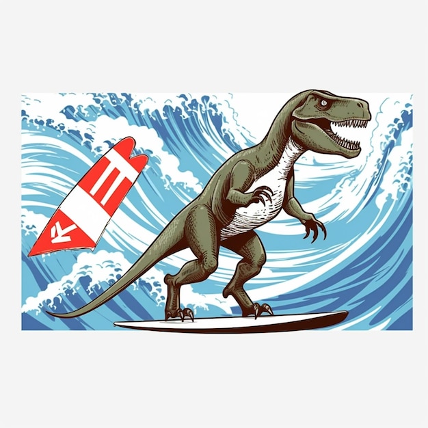 arafed t rex surfen op een golf met een surfplank generatieve ai