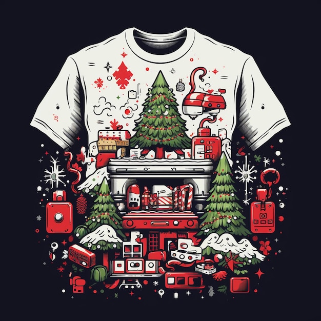 写真 クリスマスシーンとツリーを描いたtシャツ ⁇