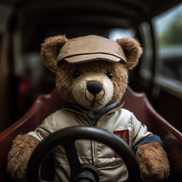 arafed teddy bear in a car wearing a hat and jacket generative ai