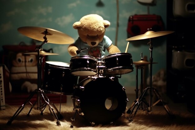 Arafed teddy bear sitting on a drum kit in a room generative ai