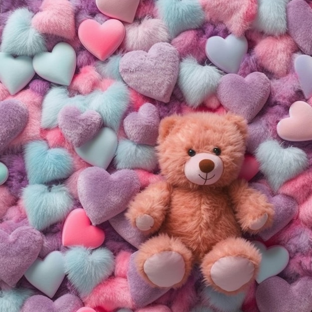 arafed teddy bear surrounded by many hearts on a pink and blue background generative ai