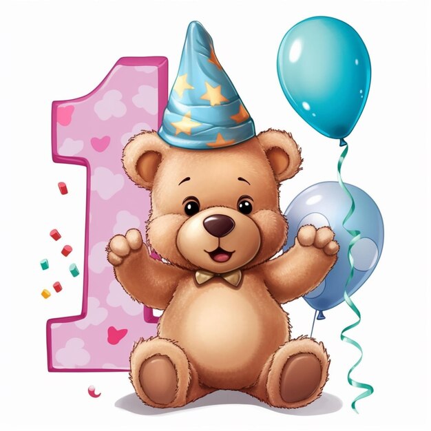 Photo arafed teddy bear with a birthday hat and balloons generative ai