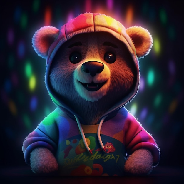 Arafed teddybeer met een hoodie en een kleurrijk shirt generatief ai