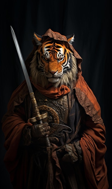 Фото Арафед тигр, одетый в средневековую одежду, держит меч, генеративный ай