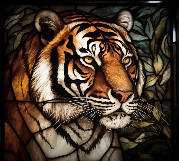 arafed tijger in gebrandschilderd glas met bladeren en gebladerte generatieve ai