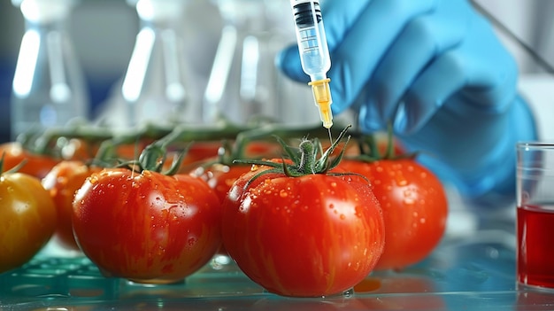 arafed tomatoes being grown in a laboratory with a syring generative ai