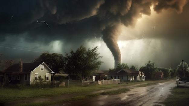 Arafed tornado cloud over a neighborhood with a car parked on the side of the road generative ai