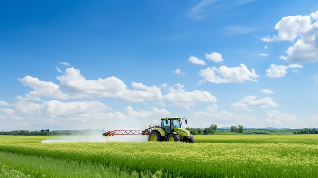 Arafed tractor spraying pesticide on a field of green grass generative ai