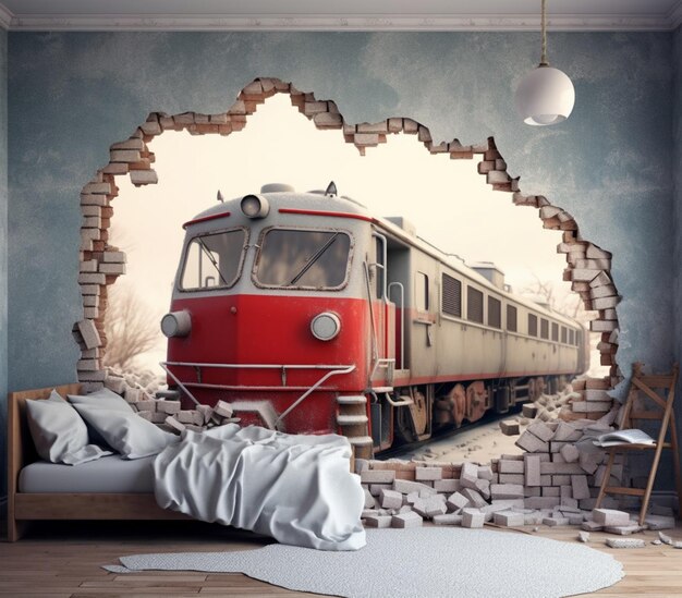 Arafed train coming out of a brick wall in a bedroom generative ai