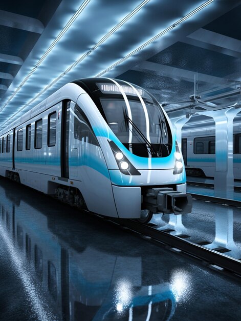 Arafed train in a station with a blue and white stripe generative ai