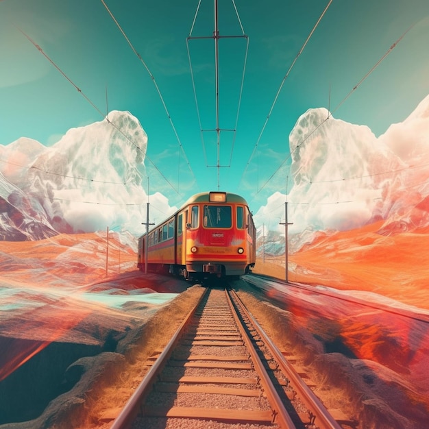 배경 에 산 들 이 있는 트랙 에 있는 아라페드 열차