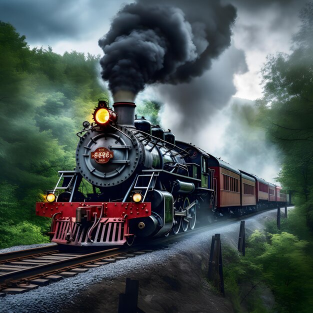 Foto treno arafed su un binario con fumo che ne esce generative ai