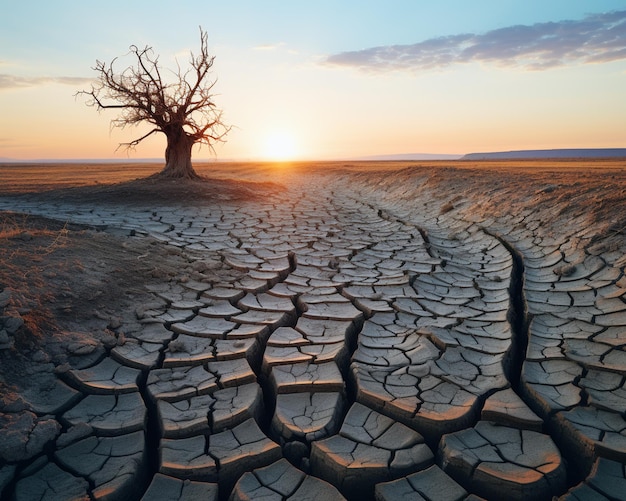 Foto albero arafed in un campo asciutto con un tramonto sullo sfondo generativo ai