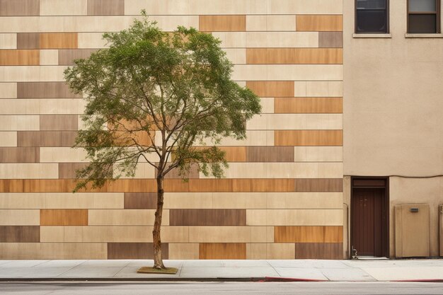 Arafed tree in front of a building with a brown and tan wall generative ai